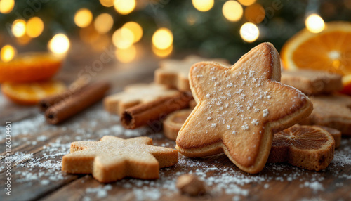 Christmas cookies, cinnamon sticks, and dried orange slices on a wooden surface with holiday lights.

 photo