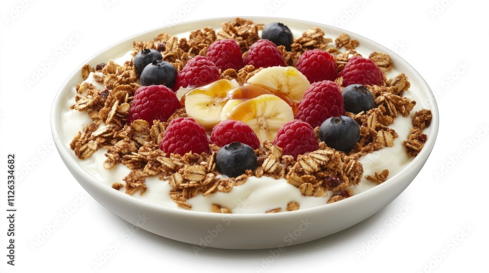 A bowl of yogurt topped with granola, raspberries, blueberries, and banana slices. A bowl of yogurt topped with granola, raspberries, blueberries, and banana slices.
