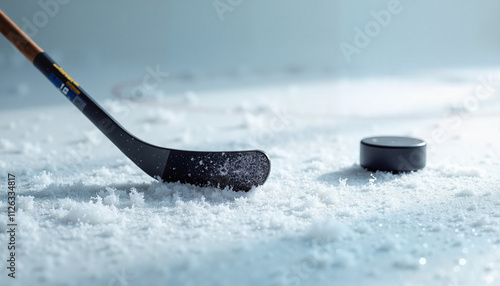  Minimalistic hockey stick and puck graphic on ice surface photo