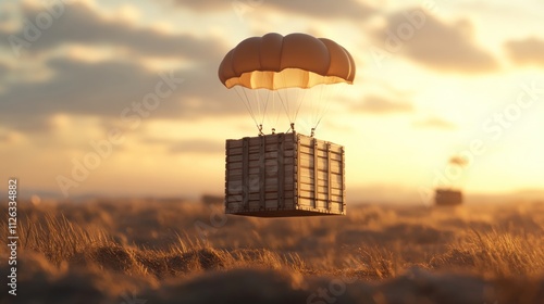 A wooden crate descends from a parachute at sunset, symbolizing delivery or supply drop. photo