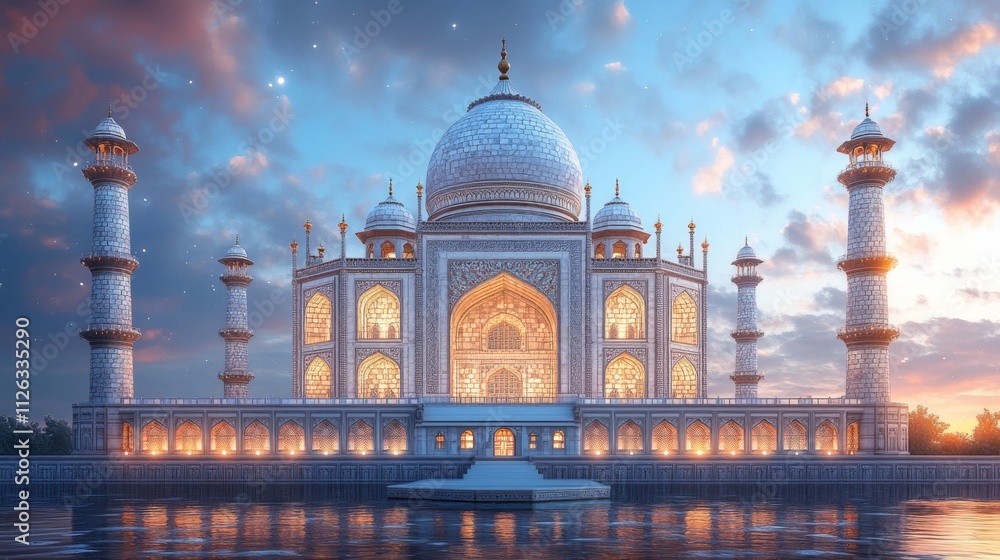 Fototapeta premium A Serene moonlight illuminates Taj Mahal breathtaking 3D rendering