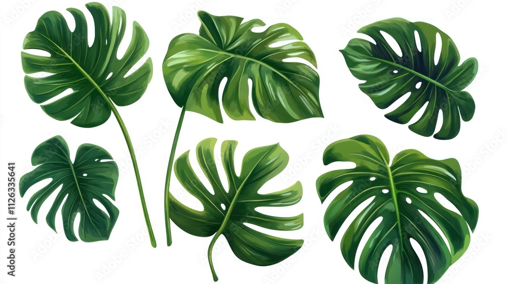 A collection of tropical leaves showcasing vibrant green hues and intricate patterns.
