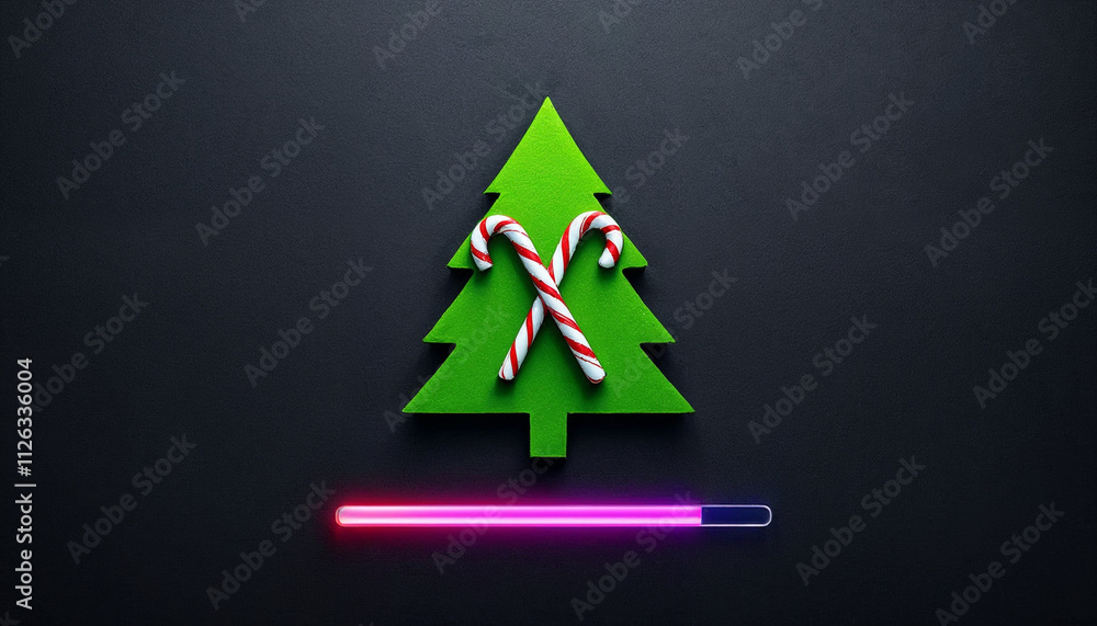 Modern Christmas tree, candy canes, and loading bar on a matte dark background.
Modern Christmas tree, candy canes, and loading bar on a matte dark background.