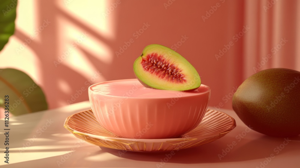 A pink bowl with a slice of fruit, set against a soft, warm background. A pink bowl with a slice of fruit, set against a soft, warm background.