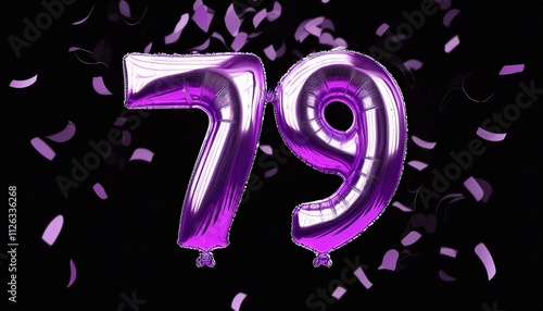 Purple birthday / anniversary balloon, number 79, black background with confetti