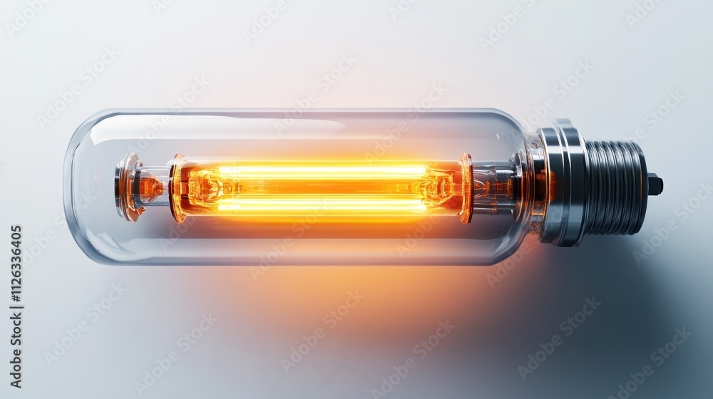 A glowing filament bulb inside a clear glass tube, showcasing its design and function. A glowing filament bulb inside a clear glass tube, showcasing its design and function.