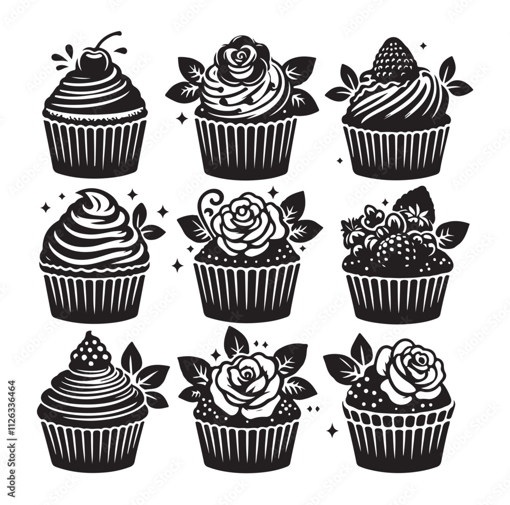 Set of black cupcakes silhouette vector illustration Set of black cupcakes silhouette vector illustration