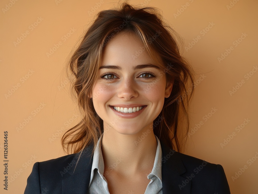 A woman in a suit is smiling for the camera A woman in a suit is smiling for the camera