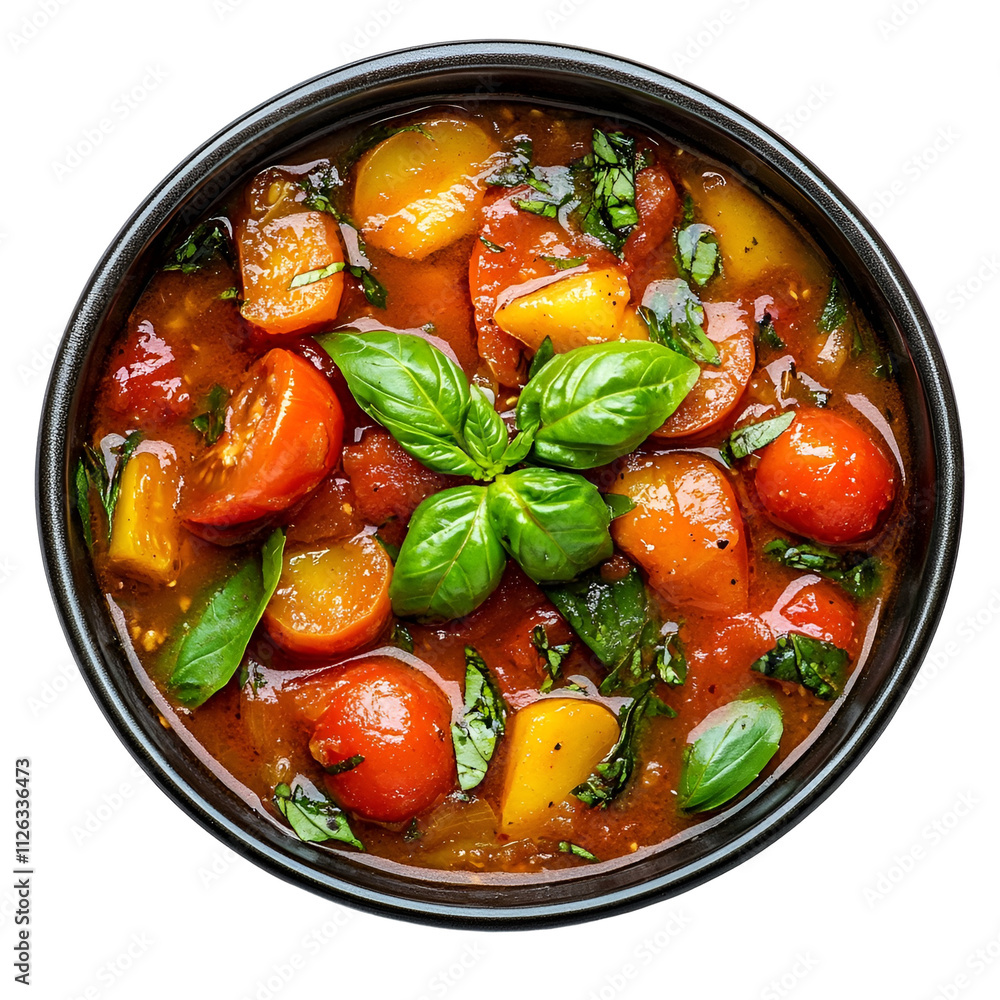 Extreme top view of hyperrealistic tomato basil stew in a dark ceramic bowl isolated on a white background well lit sharp focus. Extreme top view of hyperrealistic tomato basil stew in a dark ceramic bowl isolated on a white background well lit sharp focus.
