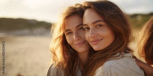 Two young women in love hugging on the beach, close-up portrait of lesbians. Generative AI.