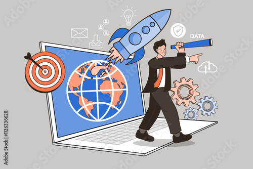A concept of global business strategy and vision. A businessman with a telescope plans for future growth, launching a startup rocket from a laptop with a world map and target.