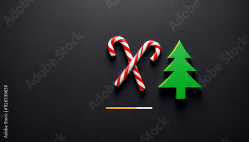 Modern Christmas tree, candy canes, and loading bar on a matte dark background.

 photo