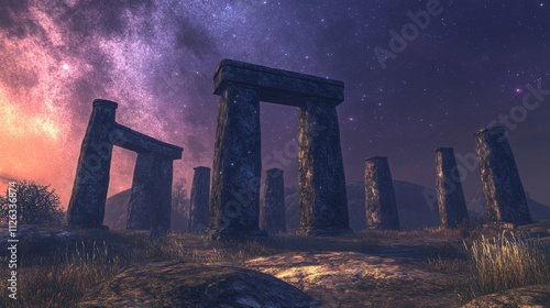 Awe inspiring Stonehenge under vibrant night sky, stars ablaze ethereal glow