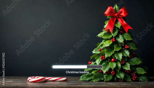 Modern Christmas tree, candy canes, and loading bar on a matte dark background.

 photo