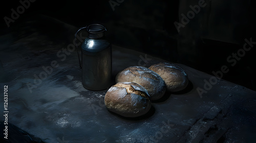 Wallpaper Mural bread and a jar on a table with a jar of water. Generative AI Torontodigital.ca