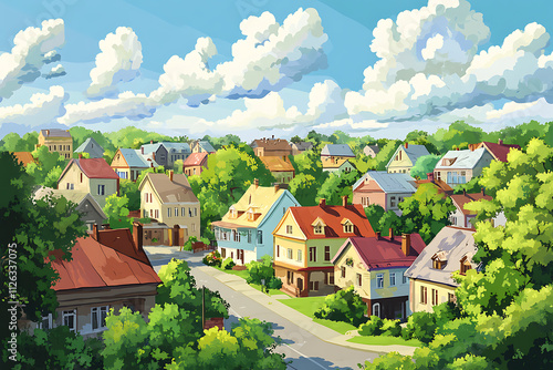 A vibrant neighborhood scene with colorful houses surrounded by lush greenery and blue skies.