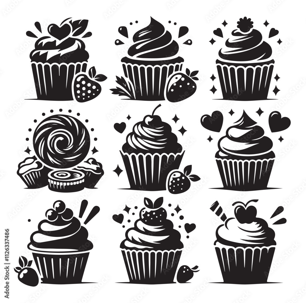 Set of black cupcakes silhouette vector illustration Set of black cupcakes silhouette vector illustration