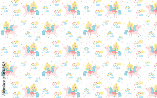 Children pattern. Cute princess and unicorn. Vector illustration template