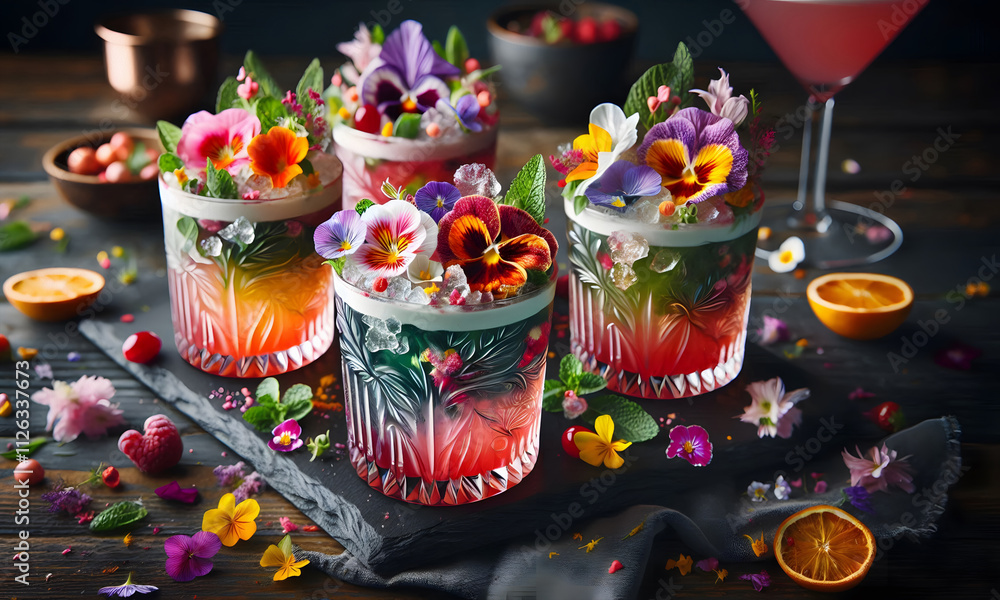 Bunter und dekorativer Mix aus essbaren Blüten, Tischdekoration, Blumen Bunter und dekorativer Mix aus essbaren Blüten, Tischdekoration, Blumen