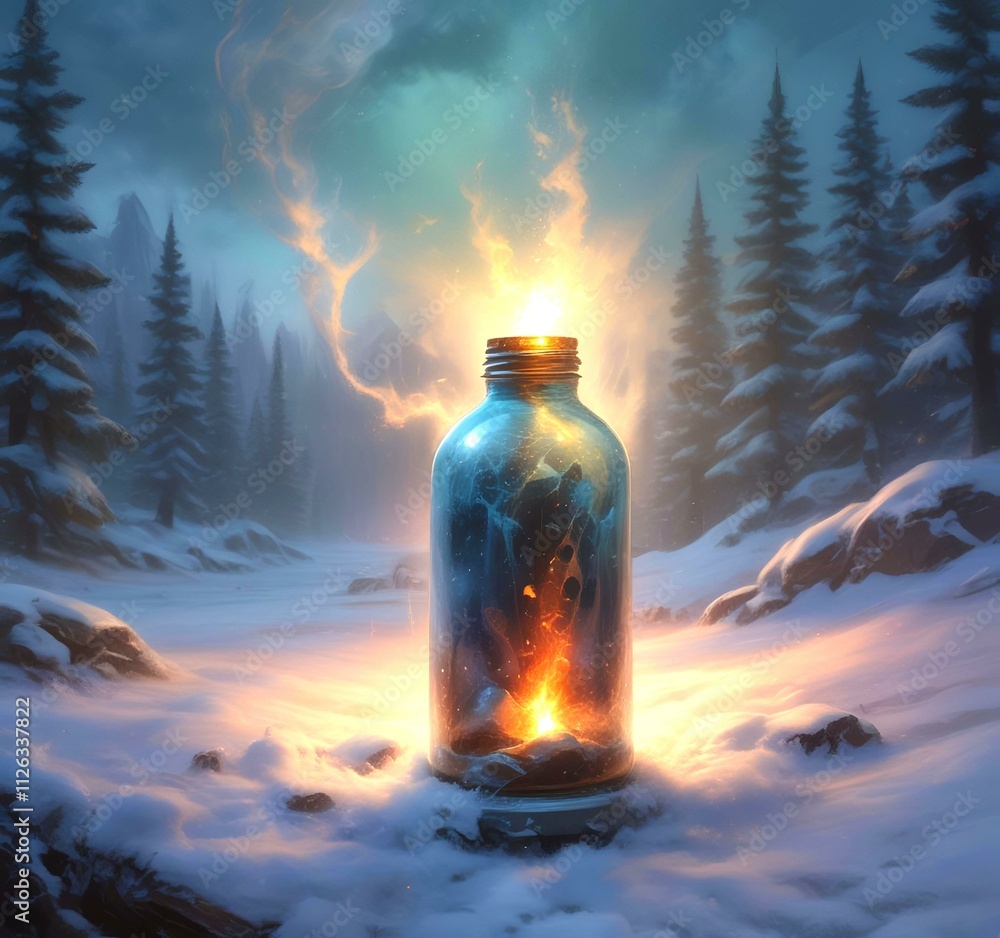 Illustration of bottle with magic spark inside. Illustration of bottle with magic spark inside.