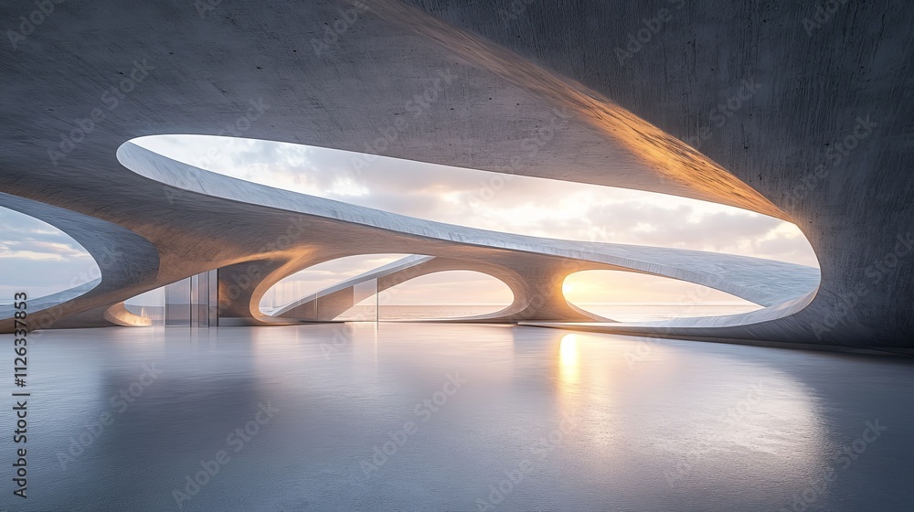 Futuristic 3D curve structure with a concrete floor and modern architecture vibe Futuristic 3D curve structure with a concrete floor and modern architecture vibe
