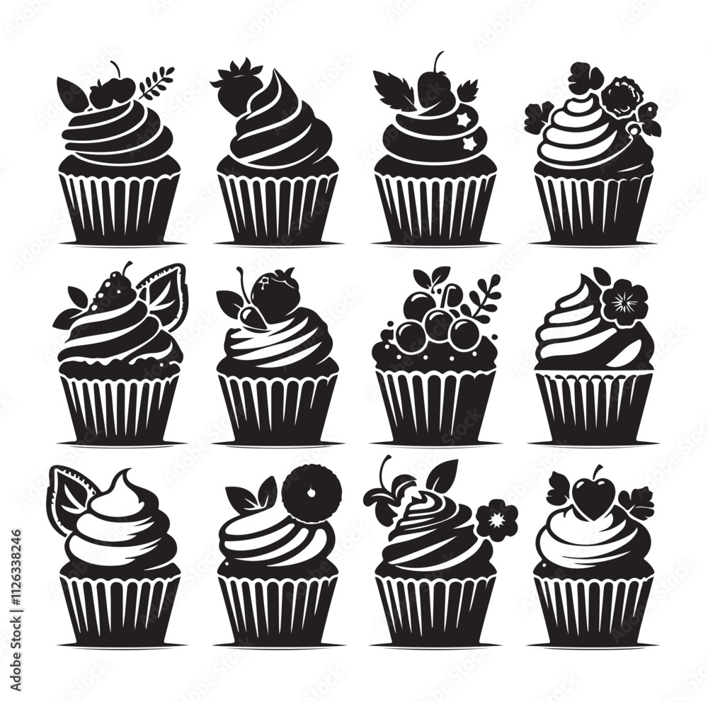 Set of black cupcakes silhouette vector illustration Set of black cupcakes silhouette vector illustration