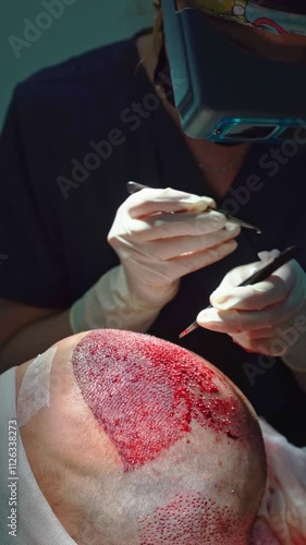 Close-up of hair transplant surgery in progress