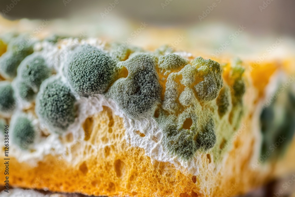 Exploring mold growth a closeup of green and white mold on bread indoor environment macro photography food science concept for understanding microbial life Exploring mold growth a closeup of green and white mold on bread indoor environment macro photography food science concept for understanding microbial life