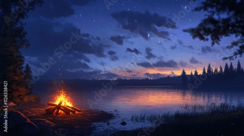 Campfire by lake at night.