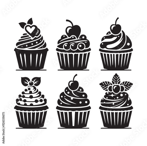 Set of black cupcakes silhouette vector illustration