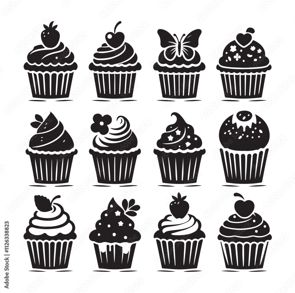 Set of black cupcakes silhouette vector illustration Set of black cupcakes silhouette vector illustration