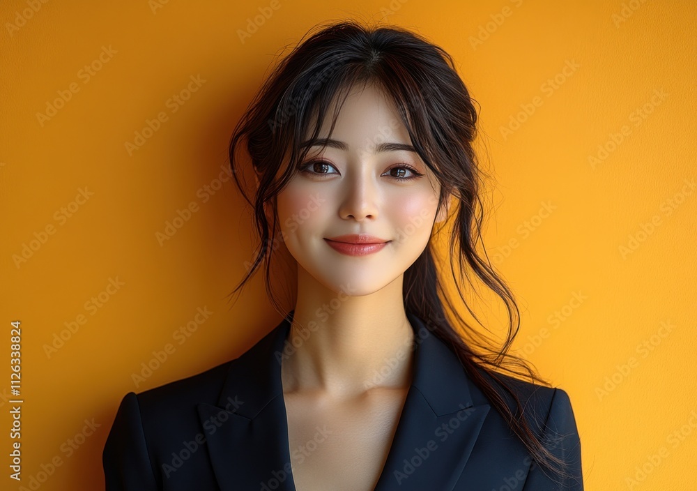 A woman with a suit is smiling for the camera A woman with a suit is smiling for the camera