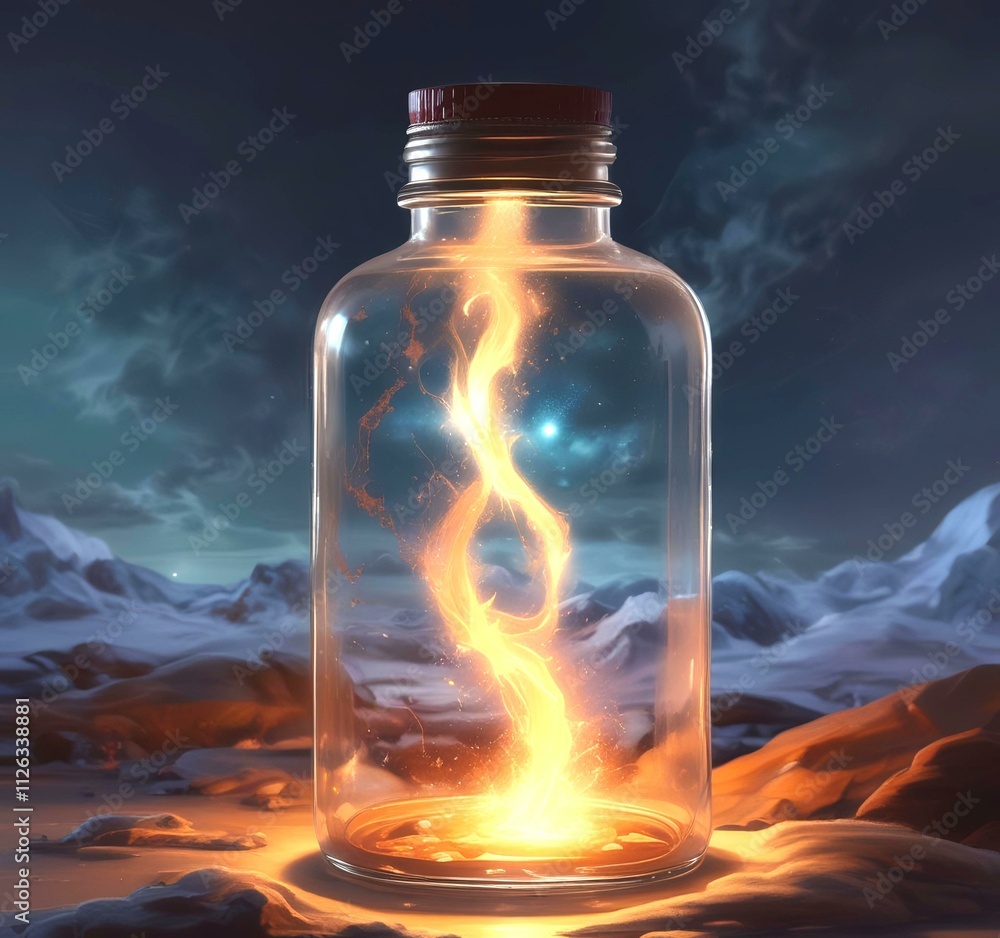 Illustration of bottle with magic spark inside. Illustration of bottle with magic spark inside.
