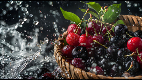 Fresh cherries placed in a basket