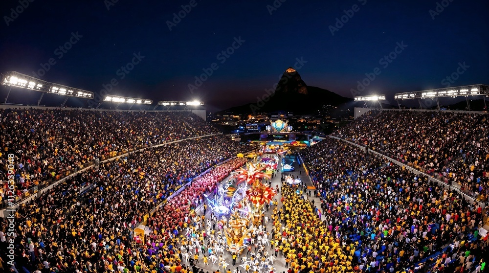 Fototapeta premium Carnival in Brazil. Spectacular carnival parade at night with vibrant floats and massive crowd in Rio's Sambadrome