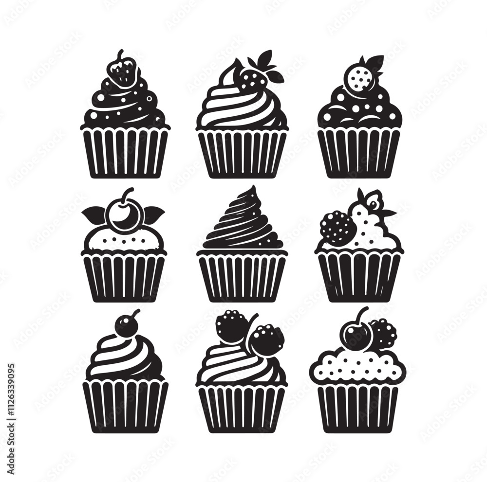 Set of black cupcakes silhouette vector illustration Set of black cupcakes silhouette vector illustration