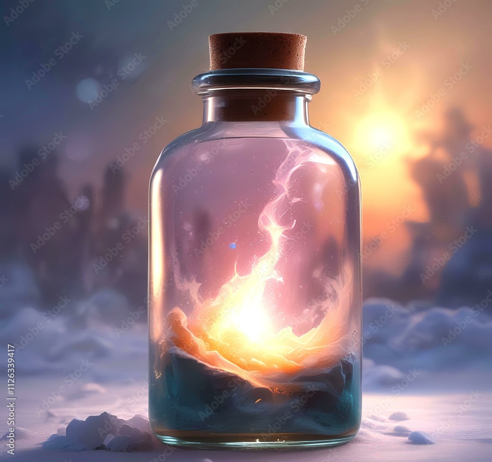 Illustration of bottle with magic spark inside. Illustration of bottle with magic spark inside.