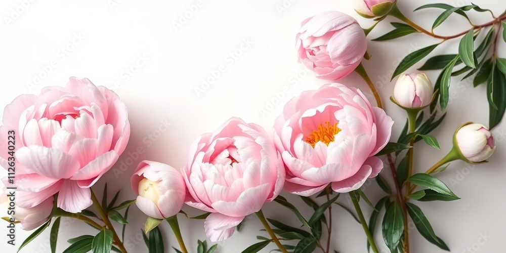 Pastel peonies unfurl on a crisp white canvas, pastel peony, nature scene, flower painting Pastel peonies unfurl on a crisp white canvas, pastel peony, nature scene, flower painting