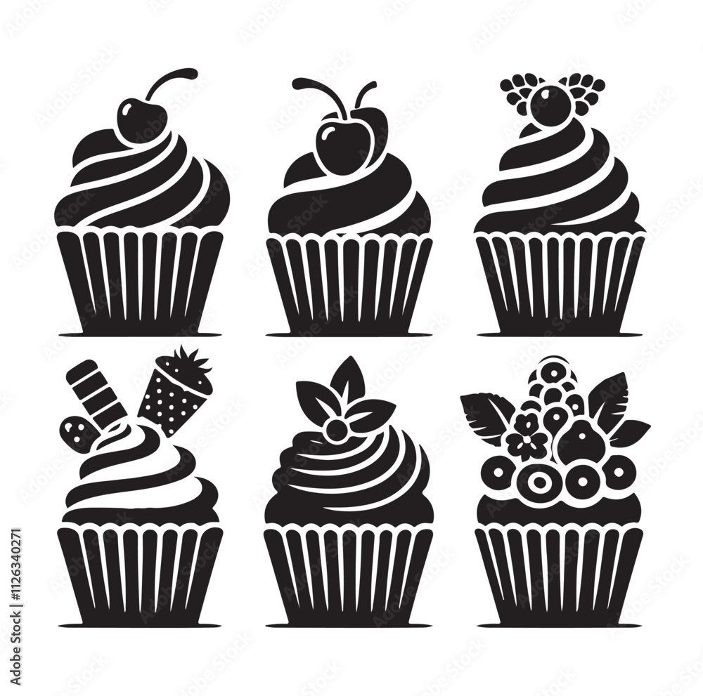 Set of black cupcakes silhouette vector illustration Set of black cupcakes silhouette vector illustration