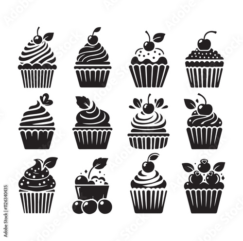 Set of black cupcakes silhouette vector illustration