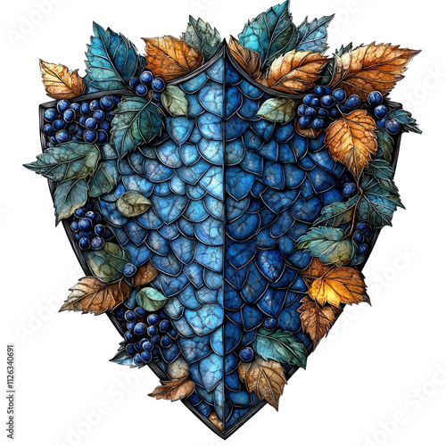 Artistic shield design featuring grapes and leaves transparent background vibrant colors nature inspired photo