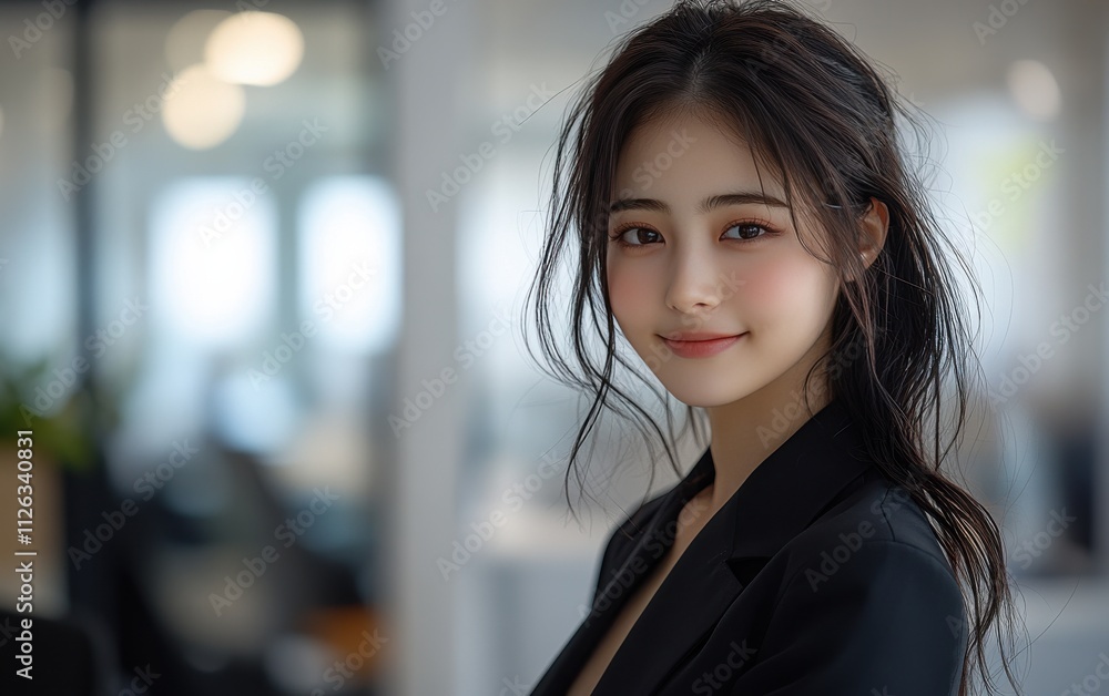 A woman in a suit is smiling for the camera A woman in a suit is smiling for the camera