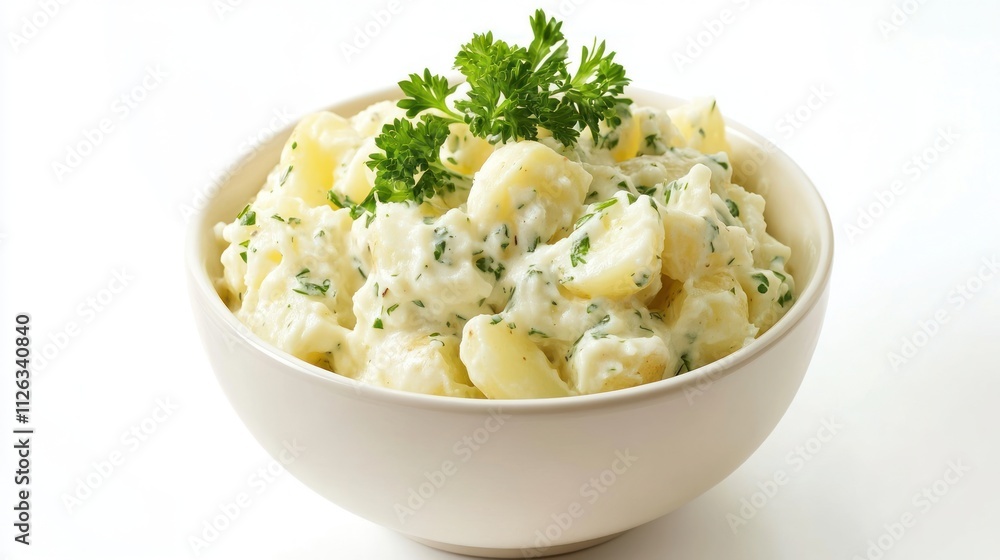 A bowl of creamy potato salad garnished with fresh parsley. A bowl of creamy potato salad garnished with fresh parsley.