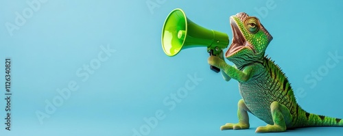 A colorful chameleon holds a green megaphone, seemingly shouting against a blue background, showcasing a playful and whimsical scene.