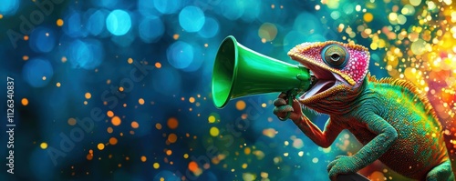 A colorful chameleon holds a green megaphone, surrounded by vibrant bokeh lights, creating a lively and playful atmosphere.