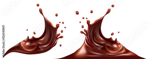 Sweet milk chocolate splash with drops, bubbles and blots. Melting liquid fluid crown drops. Isolated. PNG Illustration.