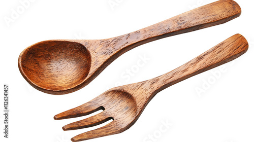 Isolated Rustic Wooden Spoon Fork Set Kitchenware - No Background, Transparent PNG photo