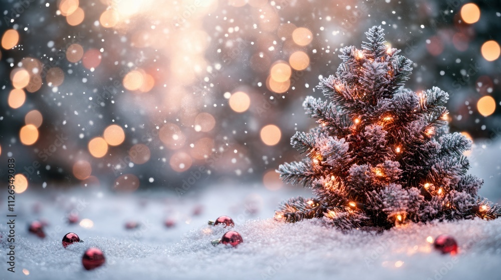 Sparkling holiday tree adorned with lights and ornaments in a winter wonderland filled with falling snow Sparkling holiday tree adorned with lights and ornaments in a winter wonderland filled with falling snow