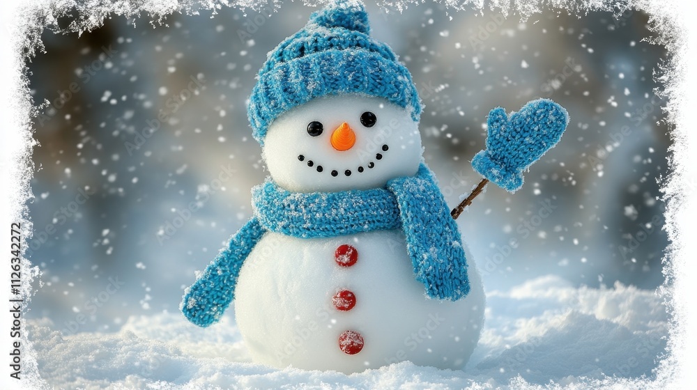 Charming snowman wearing a cozy hat and scarf greets winter with a friendly wave amidst falling snowflakes. Banner, greeting card, poster Charming snowman wearing a cozy hat and scarf greets winter with a friendly wave amidst falling snowflakes. Banner, greeting card, poster