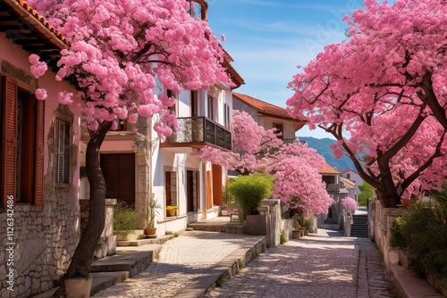 Purple Flowers, Old Town, Wallpaper Mural, Fresco, Provence, Italian landscape, Blossom, Illustration, Wall Art
